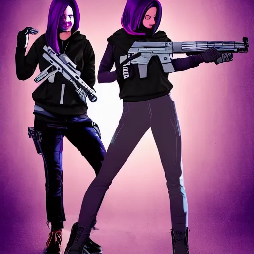 Image similar to poster artwork, sci fi, a female, full body, black hoodie techie, black hair with purple streaks, holding a gun, 8 k