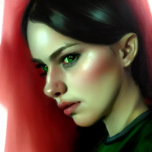 Image similar to a realistic illustration portrait of a beautiful cute girl with wavy black red hair, a pointy nose and, round chin black eyeliner, green pupills, trending on artstation, hyper - realistic lighting, intricate by casey baugh