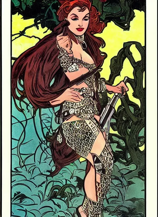 Image similar to a beautiful young woman. she is a barbarian, dressed in fur and chain mail. well composed, clean elegant painting, beautiful detailed face. retro comic book art by steve ditko and jack kirby and ( alphonse mucha )