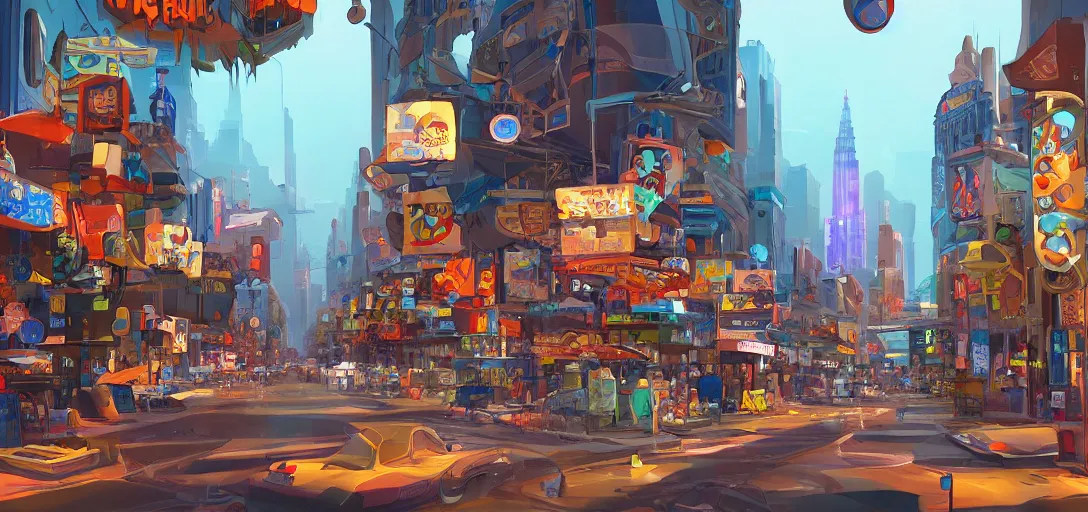 Prompt: visual development futuristic main street los angeles cityscape, by dice tsutsumi, pixar disney dreamworks sony animation, photoshop, the art of books