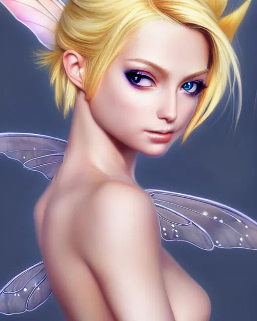 Image similar to 3 / 4 view of a blonde woman with fairy wings, confident pose, pixie character, video game genshin impact, cell shaded anime intricate, elegant, sharp focus, illustration, highly detailed, concept art, matte, magali villeneuve, artgerm, anime, trending on artstation