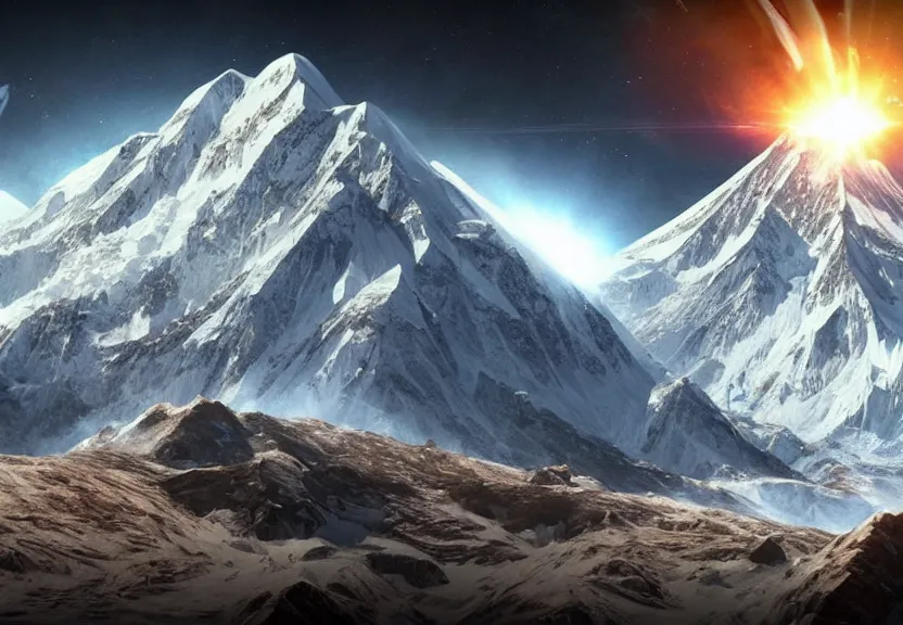 Image similar to protoss spaceship destroying mount everest, crumbling mount everest using photo cannon beams. powerful visual represenation beautiful art uhd 4 k, artstation, hdr, 4 k, incredible detail, cinematic lighting, unreal engine 5