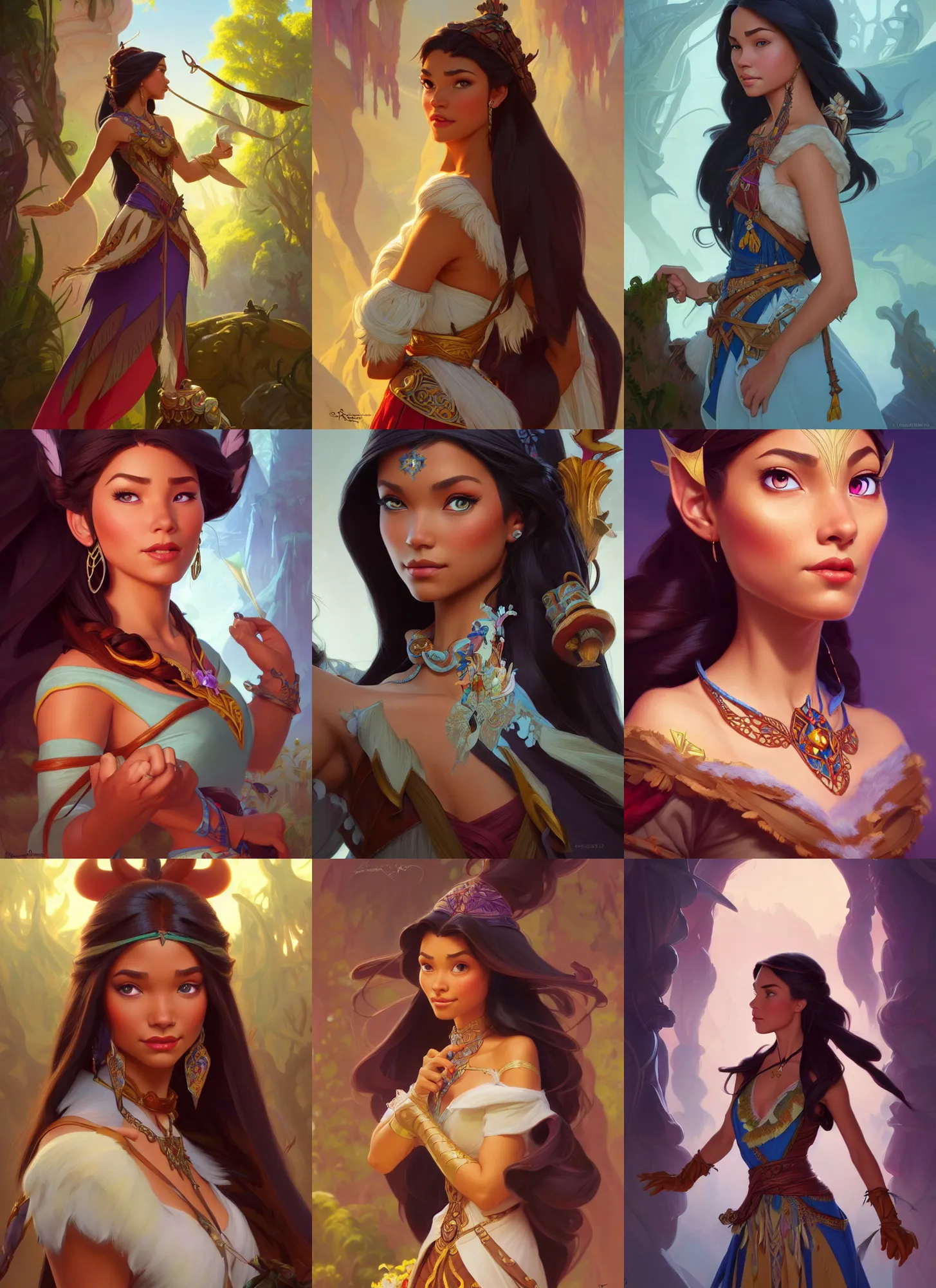 Prompt: characters from disney's encanto mixed with pocahontas, d & d, fantasy, intricate, elegant, highly detailed, digital painting, artstation, concept art, matte, sharp focus, illustration, hearthstone, art by artgerm and greg rutkowski and alphonse mucha