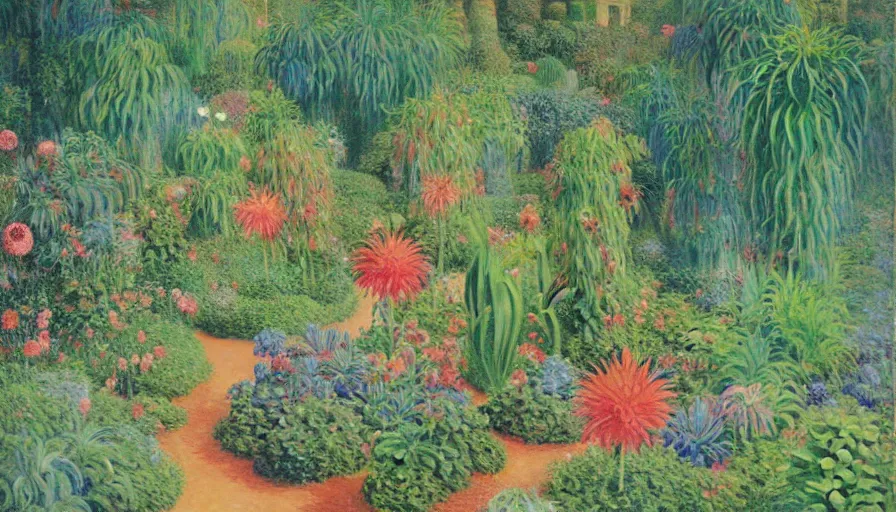 Prompt: a painting by monet, bosch, wayne barlowe, agnes pelton, rene magritte of a botanical garden full of tropical plants, huge plants, succulents, very colourful, vivid colourful plants, lush garden