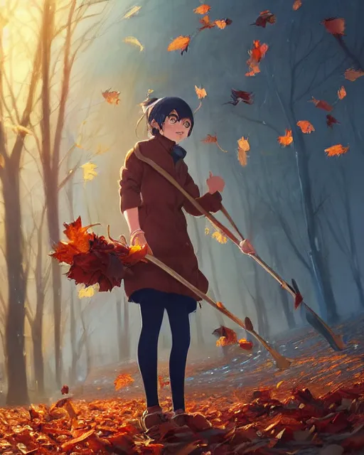 Prompt: a girl raking leaves on a cold autumn's day, full shot, atmospheric lighting, detailed face, by makoto shinkai, stanley artgerm lau, wlop, rossdraws