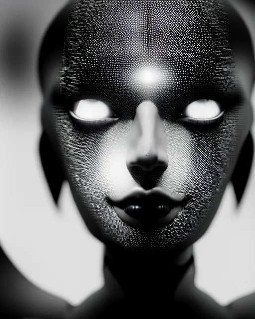 Image similar to black and white high quality photo of a female AI-queen-dragon-meshes-cyborg-doll looking into a sci-fi mirror, volumetric lighting, brutalism, foggy, dreamy, hyperdetailed, bokeh, photorealistic, cinematic, masterpiece, elegant, dark, in the style of Man Ray, octane render, 8K,