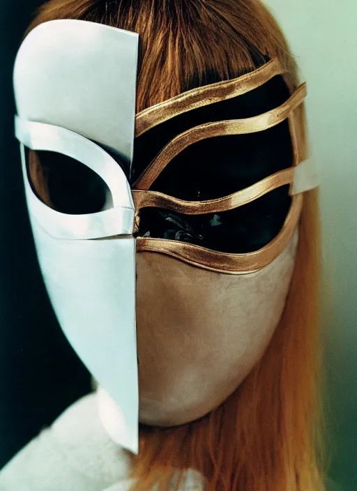 Image similar to a fashion portrait photograph of a woman wearing a metal mask designed by balenciaga, 3 5 mm, color film camera,