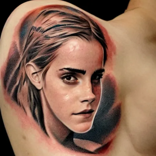 Image similar to man with tattoo of emma watson on arm back by greg rutkowski