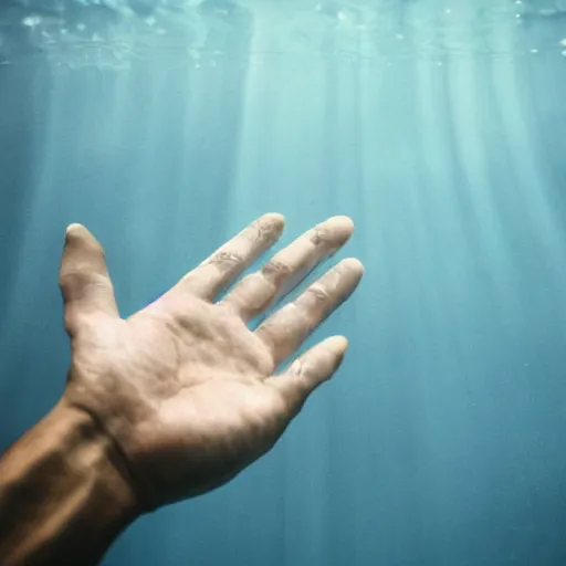Prompt: photo of a hand reaching down into the water, crystal clear water, light refraction. cinematic lighting, underwater