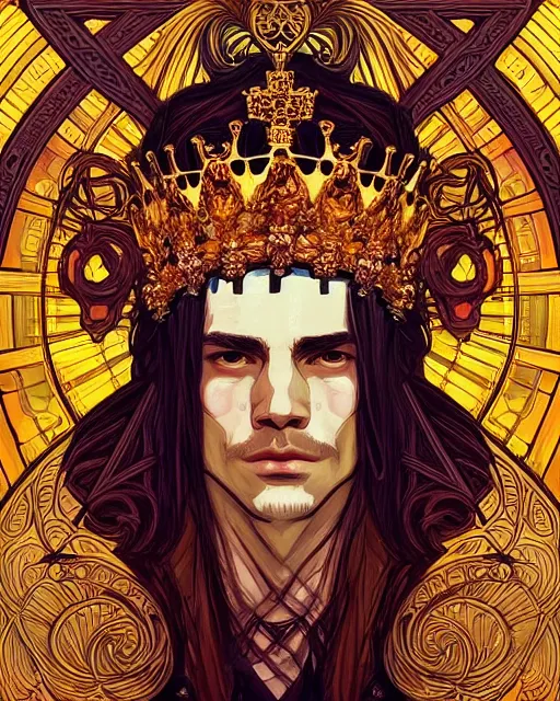 Image similar to symmetrical, centered, young and handsome god close - up portrait wigh crown made of skulls. artwork by tooth wu and wlop and alena aenami and alphonse mucha, brian froud, pablo amaringo