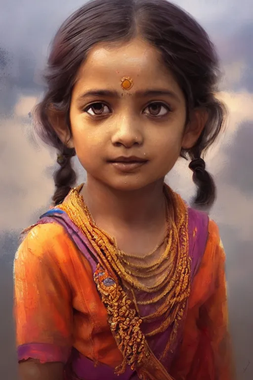 Image similar to hindu little girl, joyful, close - up portrait, intricate, elegant, volumetric lighting, scenery, digital painting, highly detailed, artstation, sharp focus, illustration, concept art, ruan jia, steve mccurry