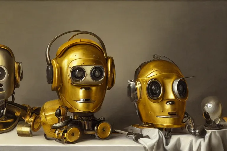 Image similar to still life painting of old vintage robot heads by pieter claesz, oil on canvas, strong lighting, highly detailed, hyper realism, golden hour, god rays, hd, 4 k