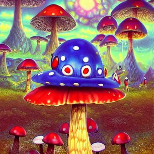 Image similar to 4 k headshot portrait of a psychedelic demonic anthropomorphic ladybug with mushroom themed clothes, magic mushroom village in background by jeff easley, award winning, stylized neon, post - processing, masterpiece, superb resolution. in the art style of junji ito and greg rutkowski. detailed mushroom city in background. hyper realistic anime. perfect art. dalle 2