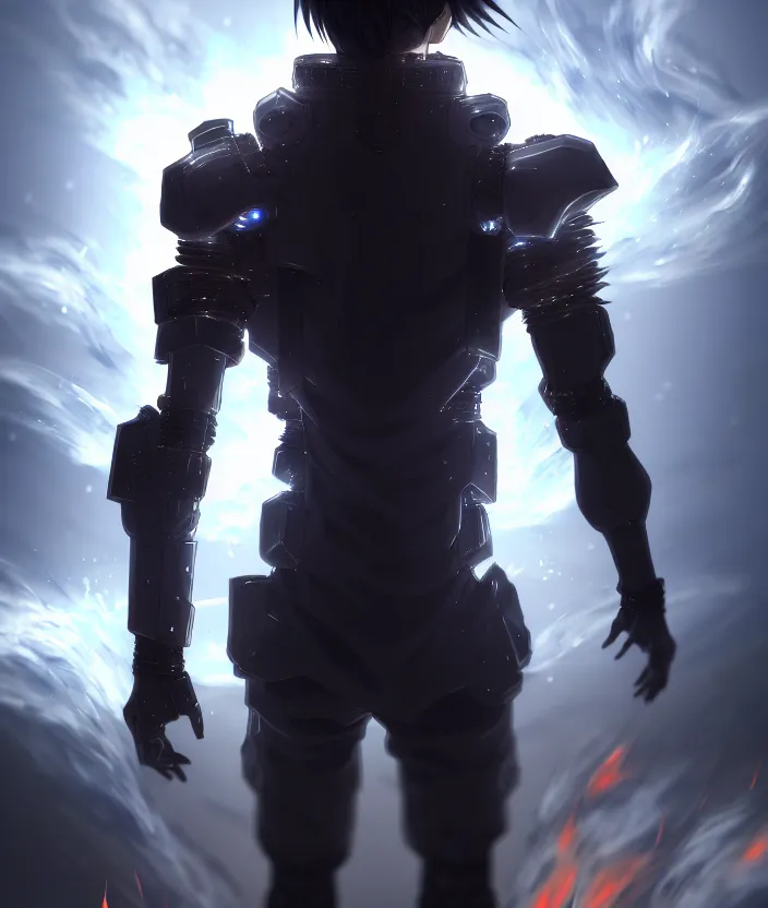 Image similar to a detailed manga illustration character full body portrait of a dark haired cyborg anime man shrouded in clouds of dark smoke and fire, trending on artstation, digital art, 4 k resolution, detailed, high quality, sharp focus, hq artwork, insane detail, concept art, character concept, character illustration, full body illustration, cinematic, dramatic lighting