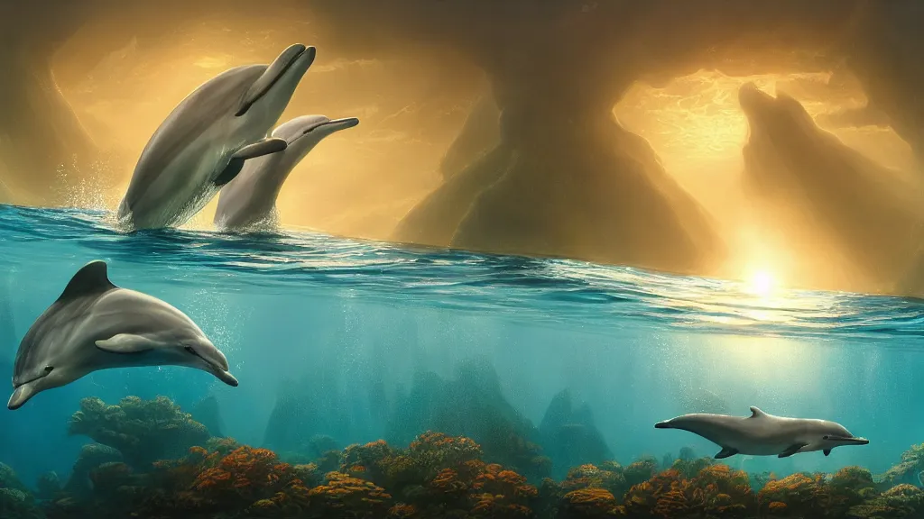 Image similar to underwater, sun rays shining through the water surface, dolphins swimming, peaceful, amazing, by andreas rocha and john howe, and Martin Johnson Heade, featured on artstation, featured on behance, golden ratio, ultrawide angle, f32, well composed