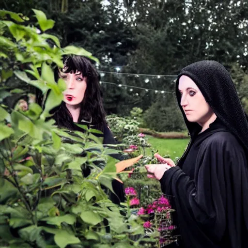 Image similar to a goth brunette woman in a black hooded cloak, standing beside a butch blonde tomboy woman engineer, in a garden at night, soft and romantic