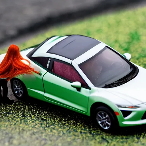 Image similar to a redhead woman driving a Jada toys mitsubishi eclipse green diecast car, high resolution macro photo, viewed through the cars window