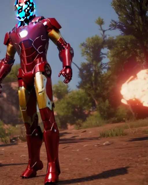 Image similar to robust bulky and sleek iron man suit in red dead redemption 2, cinematic, photorealistic