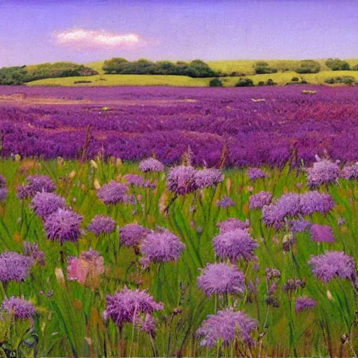 Prompt: a painting of purple flowers in a field, a matte painting by Edward Okuń, featured on deviantart, american impressionism, matte painting, anime aesthetic, matte drawing, pastel