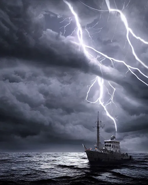 Prompt: a fishing boat on stormy seas, a gigantic star destroyer spaceship flying overhead, the star destroyer spaceship is emerging from storm clouds, stormy weather, lightning, dusk hour lighting, dramatic lighting, unreal engine, hyper realism, realistic shading, cinematic composition, realistic render, octane render, detailed textures, photorealistic, ultrawide shot, 1 6 mm lens