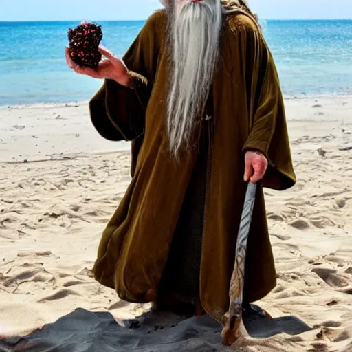 Image similar to gandalf covered in raisins and sliced bananas on the beach