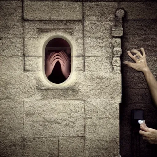 Image similar to a very nosy person not minding their own business, man peeping through a peek hole, creepy,