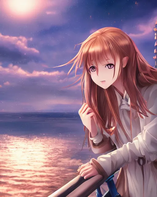 Image similar to a teenage girl on a haunted ship, full shot, very anime, digital art, captures emotion and movement, ambient lighting, perfect composition, dynamic lighting, detailed face, very extremely detailed blue eyes, smooth shading