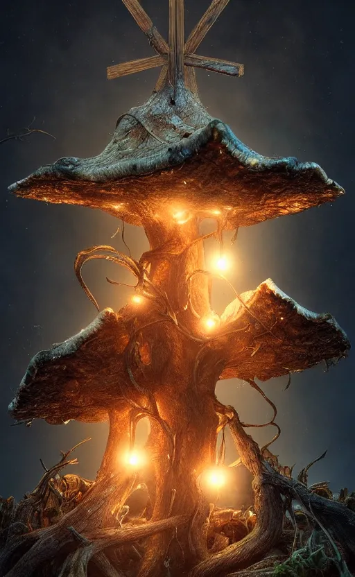 Prompt: a beautiful macro photography on a rotten stump is a small family of conical oyster mushrooms and broken cracked old disassembled detailed magical shiny cross hanging on the wall, hyper detailed, warm volumetric lights, made by gerald brom and mike winkelmann, photorealism