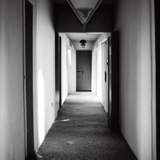 Image similar to a hallway with a shadowy silhouette standing at the end, creepy, uncanny, liminal space