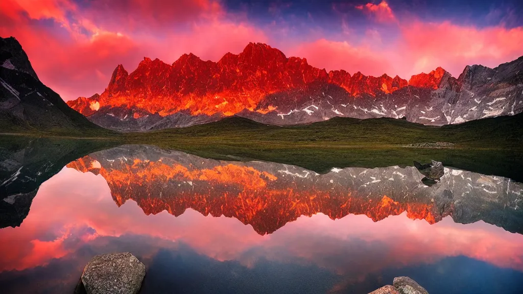 Image similar to amazing landscape photo of mountains with lake in sunset by marc adamus, beautiful dramatic lighting