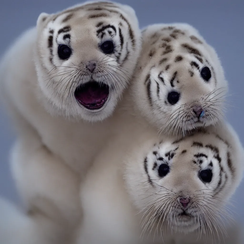 Image similar to baby harp seal tiger chimera, close up photo, national geographic photo
