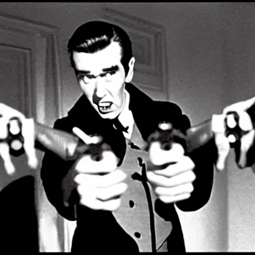 Image similar to scene from the horror picture show with james stewart!!!! james stewart!!!! is acting surprised and holds a revolver