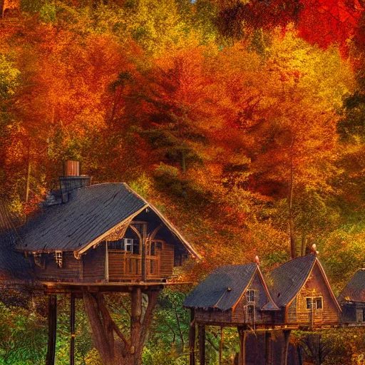 Image similar to a village full of tree houses nestled in a forest, golden hour, autumn leaves, realistic high quality art digital art