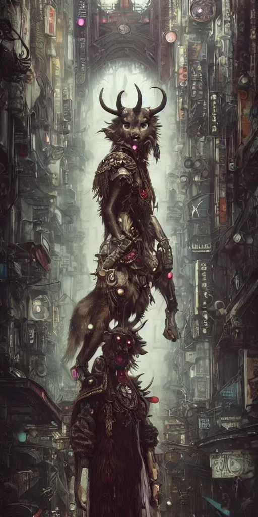 Image similar to hyper realistic Princess Mononoke, ornate mask, wet market street, cyberpunk metropolis, city landscape, jewels, full body pose, wolves, style of tom bagshaw, mucha, james gurney, norman rockwell, denoised, sharp