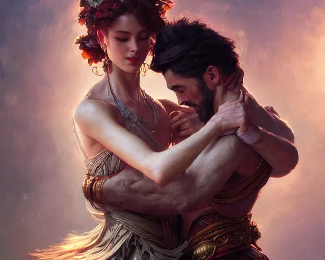 Prompt: man and woman embracing eachother while dancing, deep focus,, fantasy, intricate, elegant, highly detailed, digital painting, artstation, concept art, matte, sharp focus, illustration, hearthstone, art by artgerm and greg rutkowski and alphonse mucha