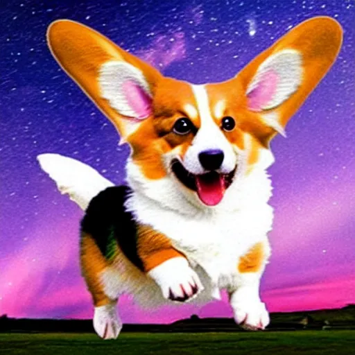 Prompt: a corgi with wings flying in the night sky