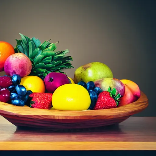 Prompt: a fruit basket on top of a kitchen table, vaporwave