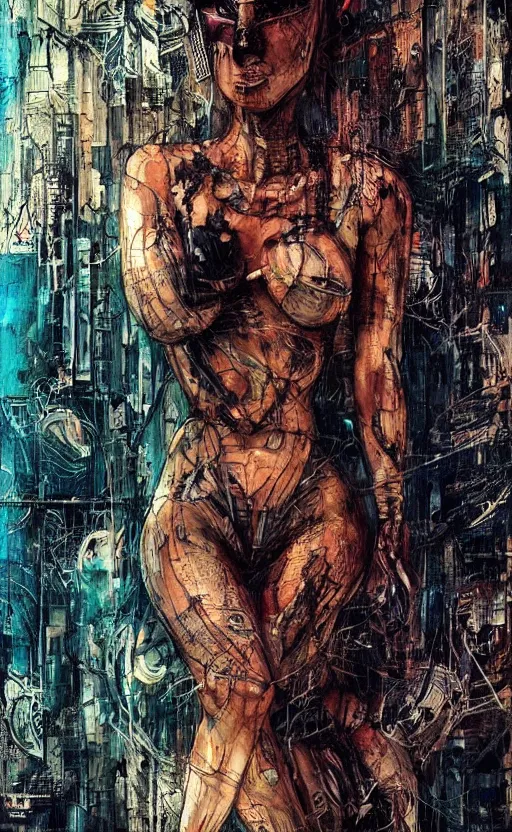 Image similar to beautiful women made of mech mask rendered in unreal engine, cyberpunk, full body, dark colour palet, rave, scifi, painted by albrecht durer | bernard buffet | carne griffiths | wlop