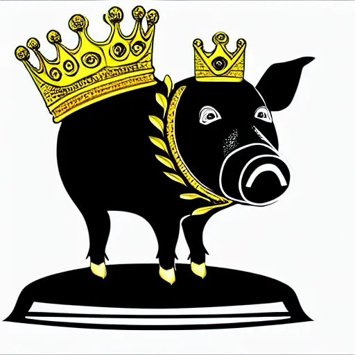 Image similar to standing pig wearing a gold crown on it's head black and white illustration concept art in the style of Arthur Adams, full body 8k