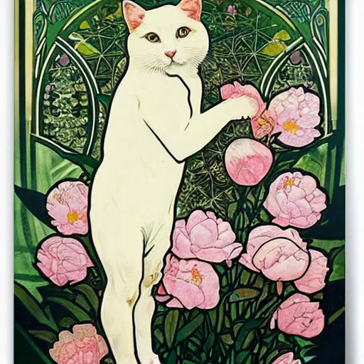 Image similar to white short haired cat, surrounded by peonies, Alphonse mucha, art nouveau, poster art
