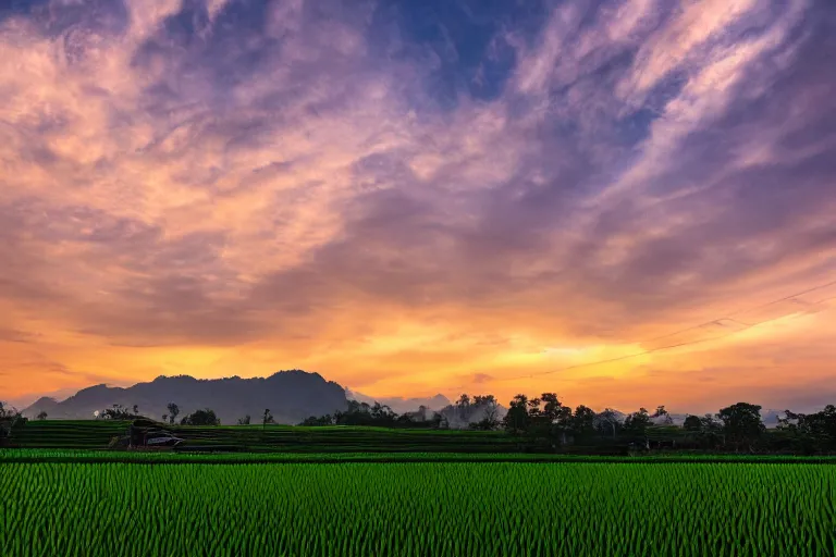 Prompt: a beautiful landscape photography of Gunung Jerai, Yan, Malaysia with a paddy field, dramatic sky, 500px, cinematic lighting, wide angle,sunrise, award winning, 8K photo realism