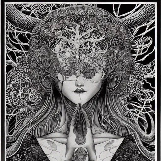 Prompt: life is so beautiful painted in alex grey and james jean style drawn by vania zouravliov and takato yamamoto, inspired by ooioo, intricate wood carving, black and white, 3 d, high detail, sharp high detail, artstation, octane