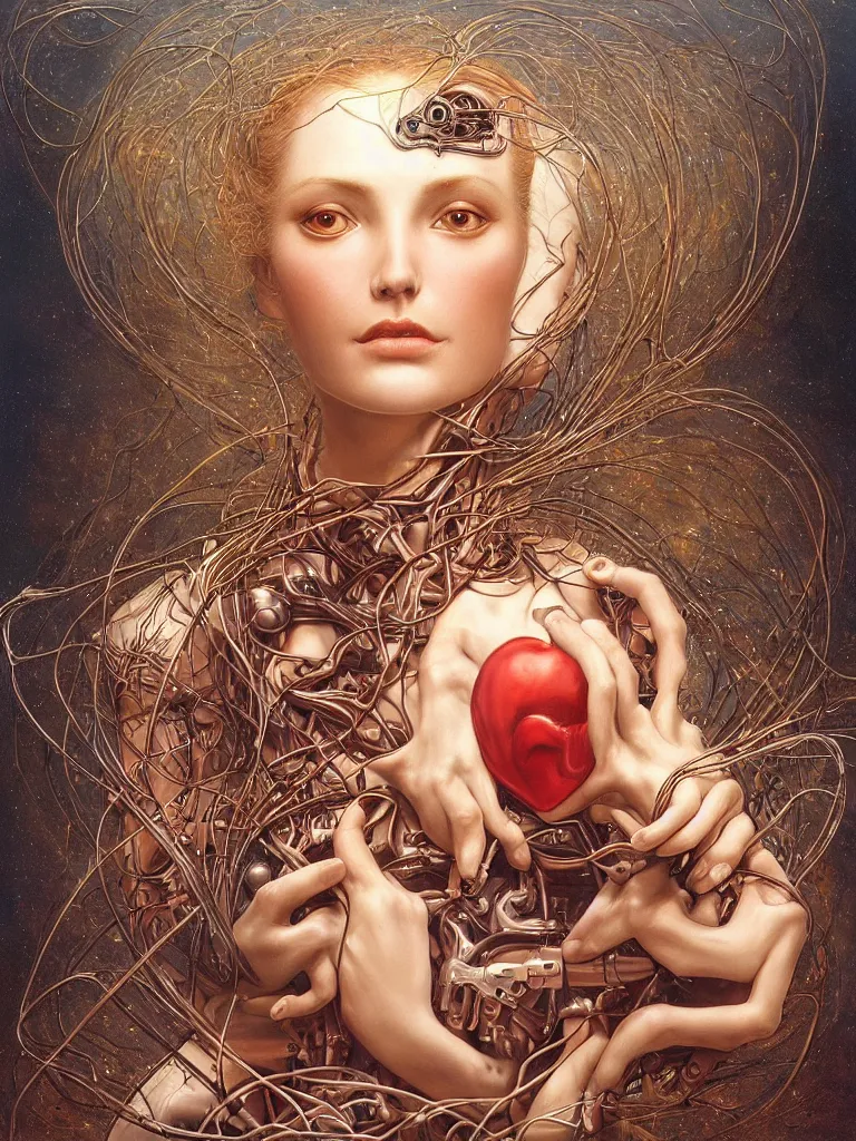 Image similar to portrait of a beautiful female android holding a realistic anatomical heart in her hands and crying, there are wires coming from her heart, tangled and entwined with her long flowing hair, mecha, steampunk, painting by James C. Christensen, by tomasz alen kopera