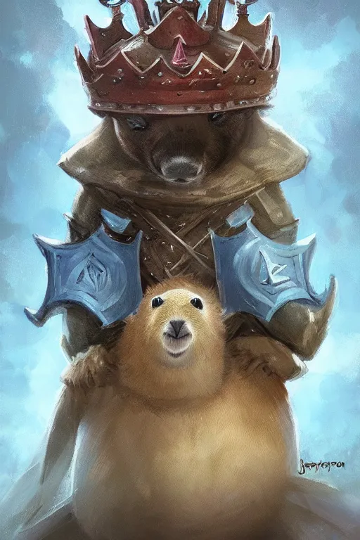 Prompt: cute anthropomorphic Capybara knight wearing a cape and a crown, tiny, small, miniature bear, baby animal, short, pale blue armor, cute and adorable, pretty, beautiful, DnD character art portrait, matte fantasy painting, DeviantArt Artstation, by Jason Felix by Steve Argyle by Tyler Jacobson by Peter Mohrbacher, cinematic lighting