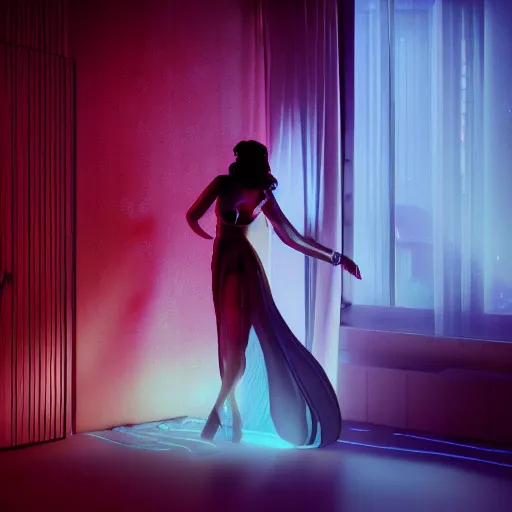 Prompt: photo of a lonely woman wearing a gown dancing in her bedroom during the night, cyberpunk, neon, very detailed, soft lights, depth of field, unreal engine 5, heavy grain, detailed face