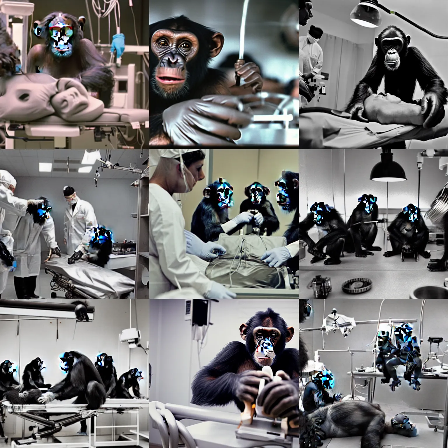 Prompt: Film still of chimpanzees in the operating room performing surgery, long shot, wide-angle lens