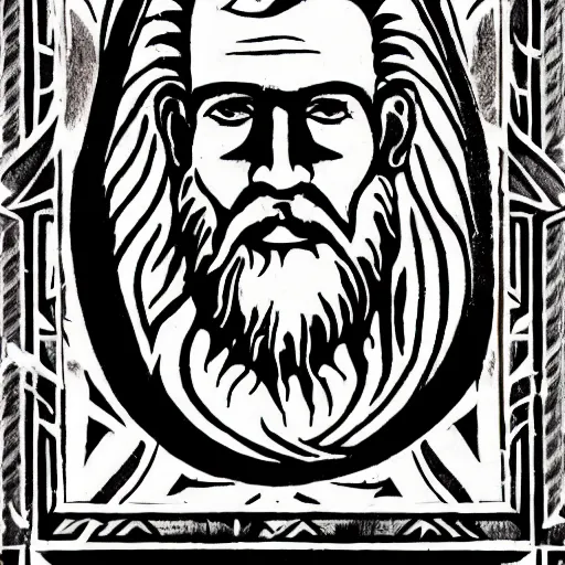 Image similar to tattoo design, stencil, a tarot card of an old man with a beard in the wind