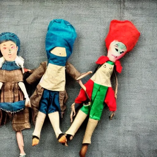 Prompt: 1 9 5 0 s children wooden puppet dolls comming to life, scary, fear, horror, thriller, cinematic still, jumping towards viewer, jump scare, pov, wide shot, polaroid,