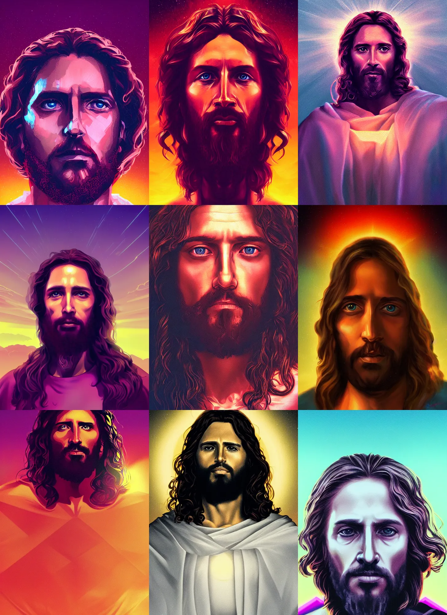 Prompt: portrait of jesus christ, synthwave, futuristic, artstation, high quality