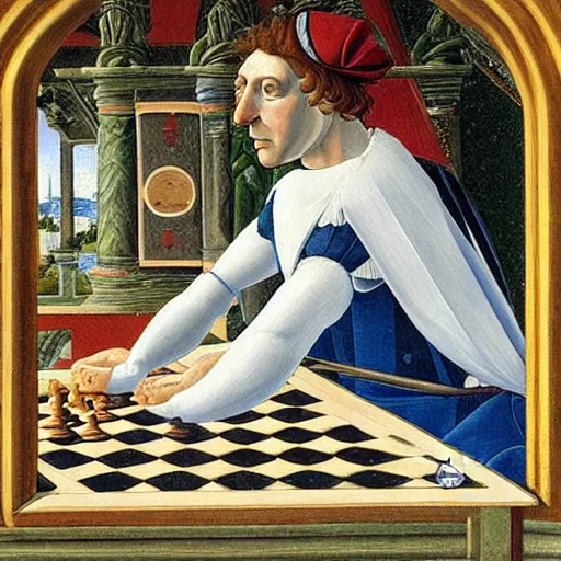 Prompt: highly detailed painting of levy rozman playing chess, sandro botticelli